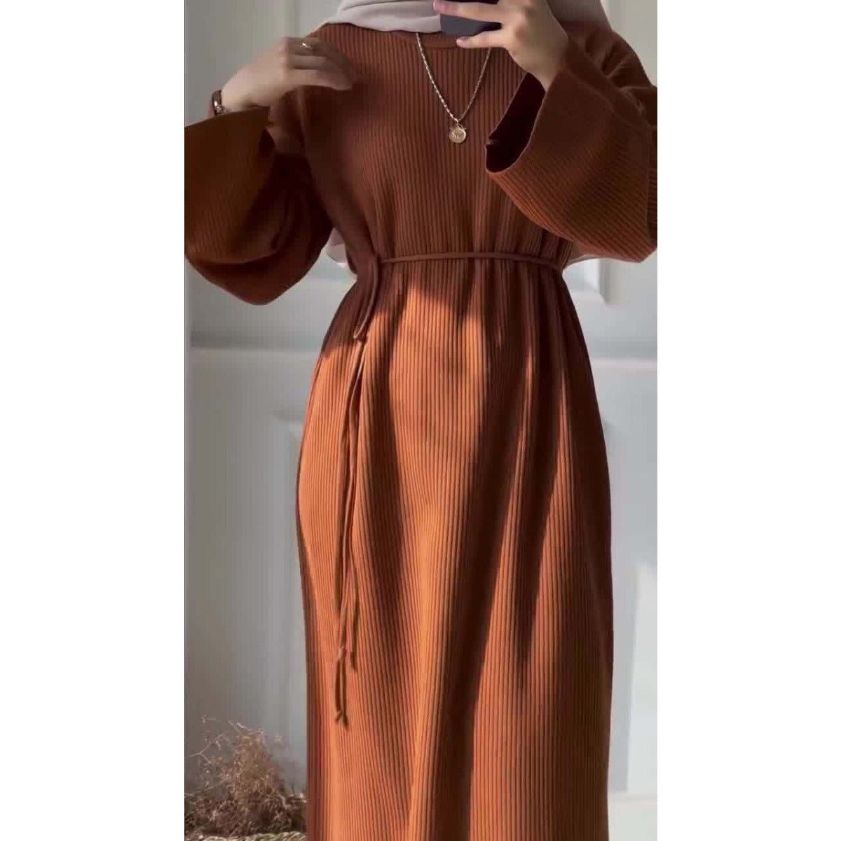 Casual Knitted Modest Dress with Flared Sleeves - Muslim - Friendly Crew Neck Pullover Maxi Dress with Belt(MS104) - Mariam's Collection