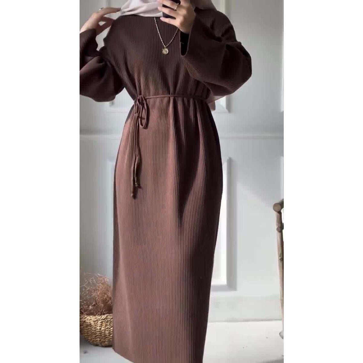 Casual Knitted Modest Dress with Flared Sleeves - Muslim - Friendly Crew Neck Pullover Maxi Dress with Belt(MS104) - Mariam's Collection