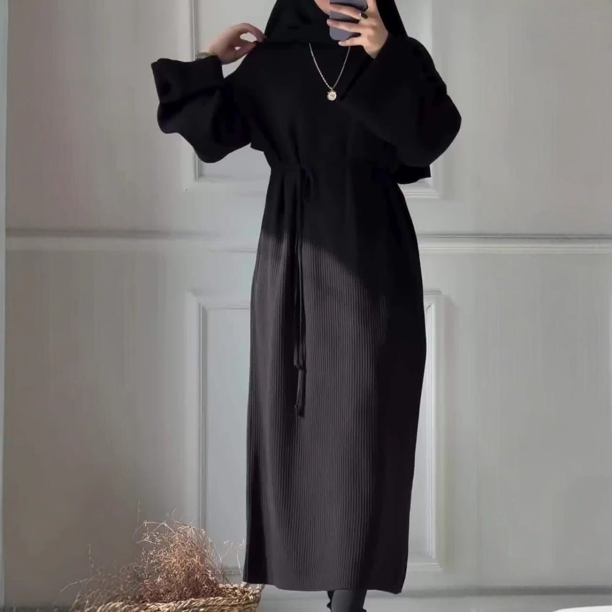 Casual Knitted Modest Dress with Flared Sleeves - Muslim - Friendly Crew Neck Pullover Maxi Dress with Belt(MS104) - Mariam's Collection