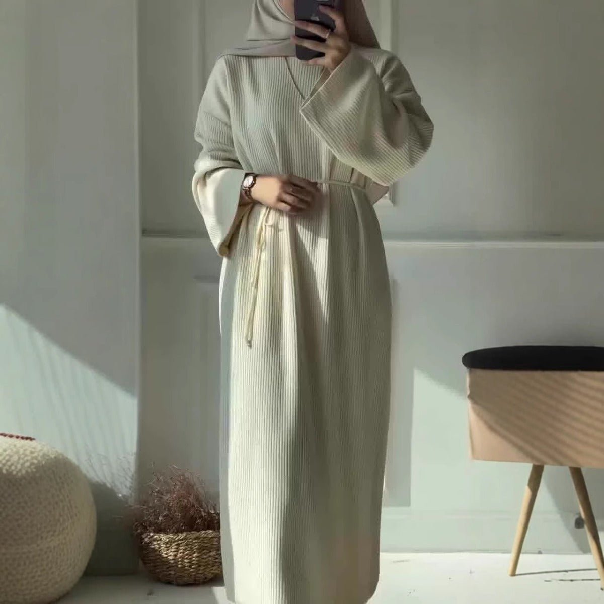 Casual Knitted Modest Dress with Flared Sleeves - Muslim - Friendly Crew Neck Pullover Maxi Dress with Belt(MS104) - Mariam's Collection