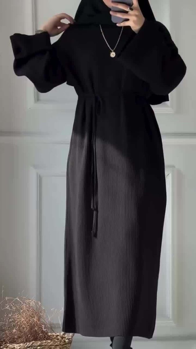 Casual Knitted Modest Dress with Flared Sleeves - Muslim - Friendly Crew Neck Pullover Maxi Dress with Belt(MS104) - Mariam's Collection