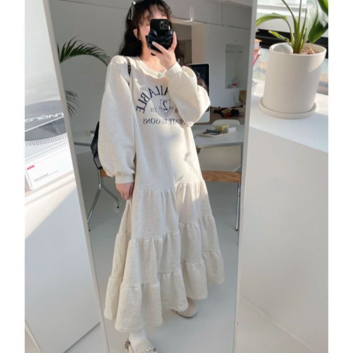 Casual Letter Print Crew Neck Long Sleeve Knit Dress | Minimalist Lounge Dress(MS111) - Mariam's Collection