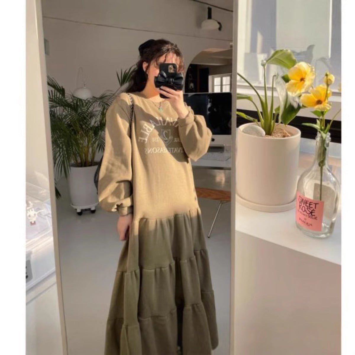 Casual Letter Print Crew Neck Long Sleeve Knit Dress | Minimalist Lounge Dress(MS111) - Mariam's Collection