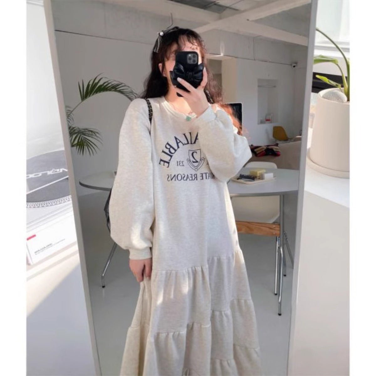 Casual Letter Print Crew Neck Long Sleeve Knit Dress | Minimalist Lounge Dress(MS111) - Mariam's Collection