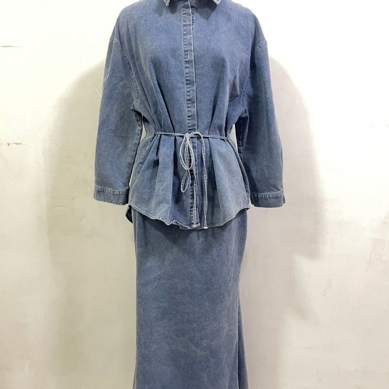 Casual Loose Denim Shirt & Skirt Set | Professional Commuter Two - Piece Outfit(MS132) - Mariam's Collection