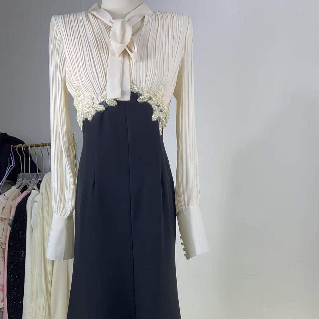 French-Style Pleated Bodice Dress with Bow-Neck(MS309)