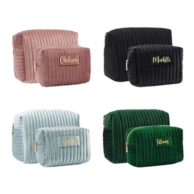 Checkered Velvet Cosmetic Case Multi - Functional Travel Organizer Toiletry Bag (MAC268) - Mariam's Collection