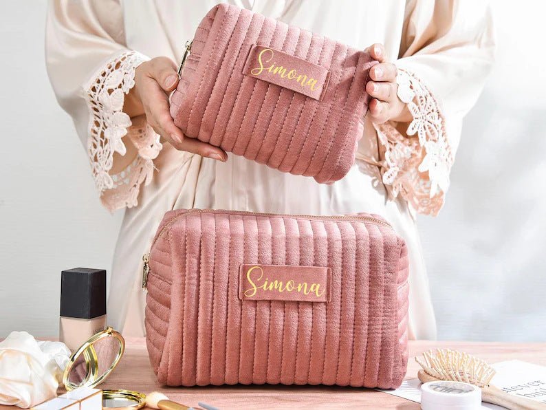 Checkered Velvet Cosmetic Case Multi - Functional Travel Organizer Toiletry Bag (MAC268) - Mariam's Collection