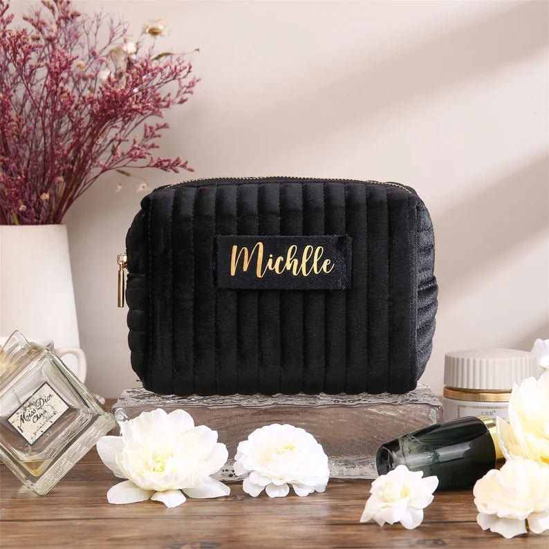 Checkered Velvet Cosmetic Case Multi - Functional Travel Organizer Toiletry Bag (MAC268) - Mariam's Collection