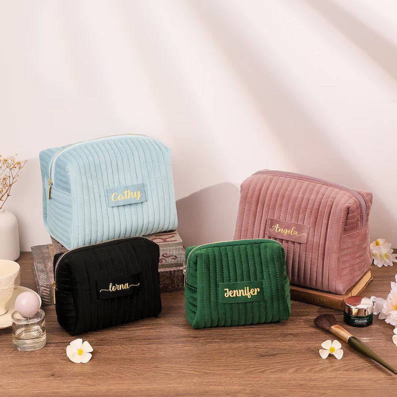 Checkered Velvet Cosmetic Case Multi - Functional Travel Organizer Toiletry Bag (MAC268) - Mariam's Collection