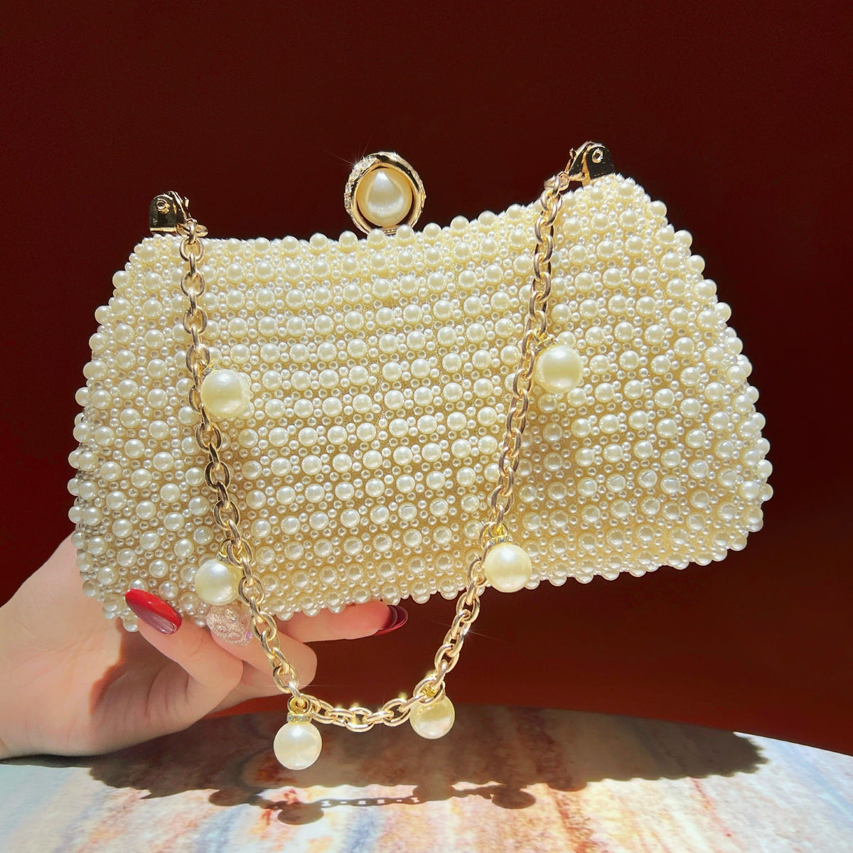 Chic Faux Pearl Evening Clutch Bag - Pearl Chain Strap Top-Handle Purse & Shoulder Crossbody for Parties & Weddings(MAC493) - Mariam's Collection