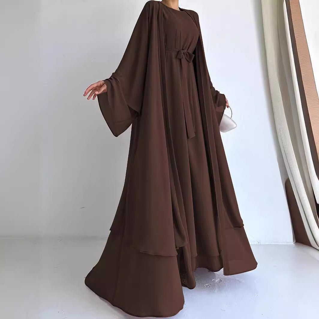Chiffon Abaya with Bell Sleeves & Belt(MOA291) - Mariam's Collection