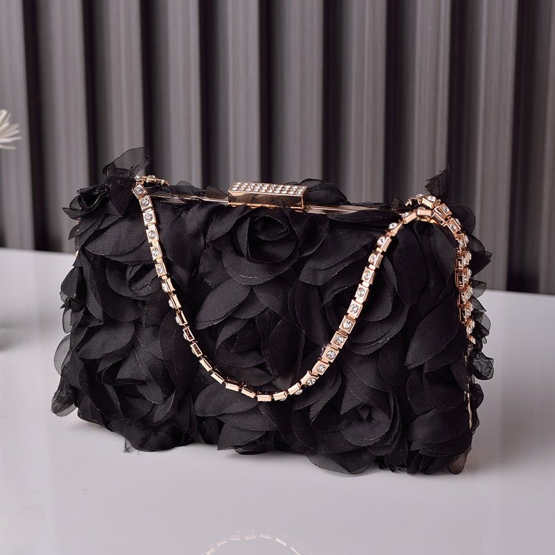 Chiffon Rose Evening Bag | Floral Clutch with Crystal Chain Strap (MAC355) - Mariam's Collection