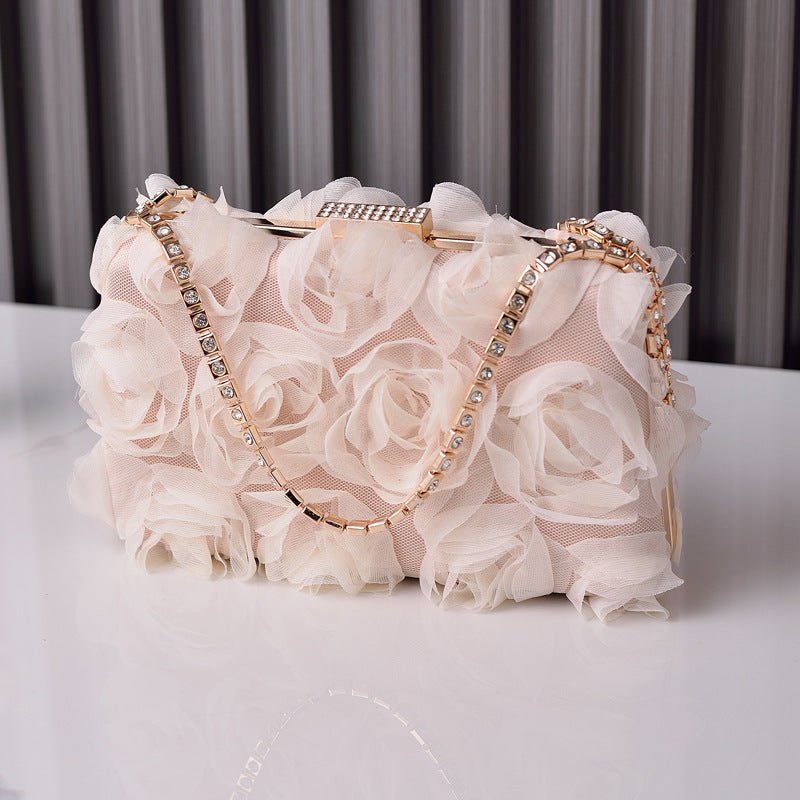 Chiffon Rose Evening Bag | Floral Clutch with Crystal Chain Strap (MAC355) - Mariam's Collection