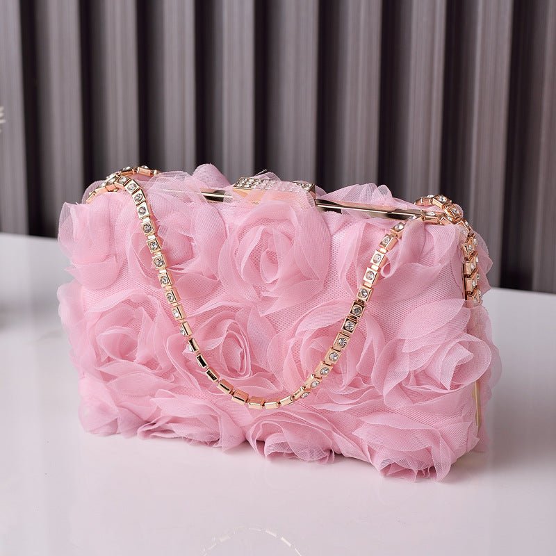 Chiffon Rose Evening Bag | Floral Clutch with Crystal Chain Strap (MAC355) - Mariam's Collection