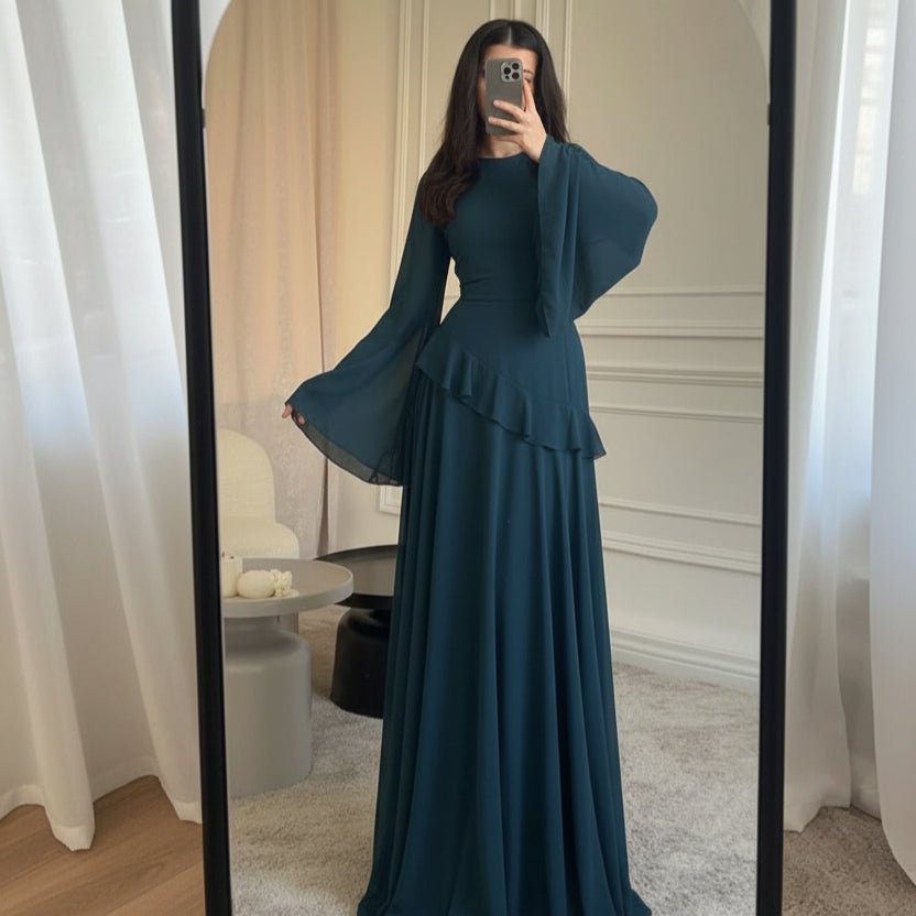 Chiffon Ruffle Gown with Tie - Back | Bell Sleeve Tiered Maxi Dress(MS227) - Mariam's Collection