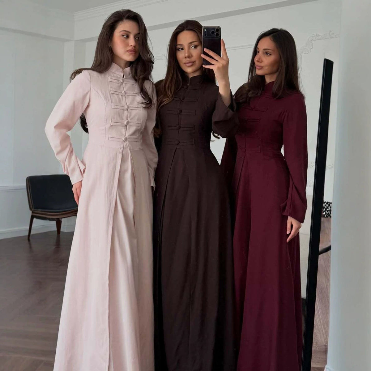 Chinese Frog Button Stand Collar Top & Wide-Leg Maxi Skirt Co-ord Set(MS483) - Mariam's Collection