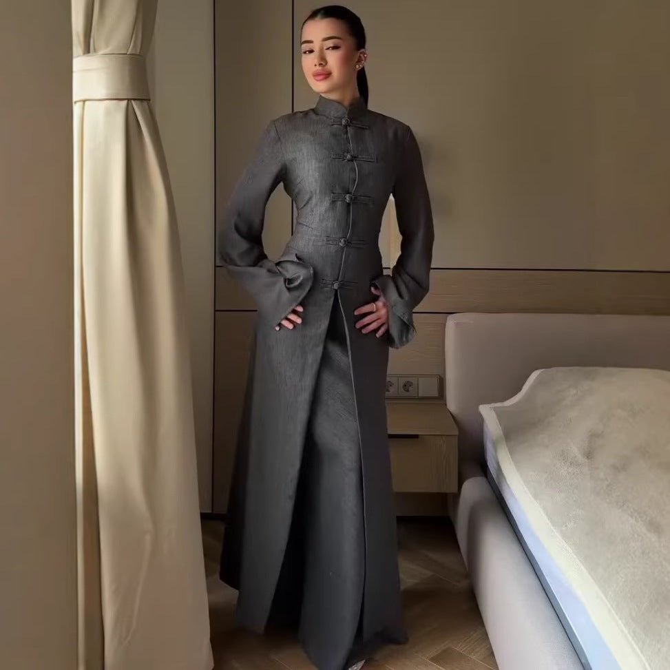 Chinese Frog Button Stand Collar Top & Wide-Leg Maxi Skirt Co-ord Set(MS483) - Mariam's Collection