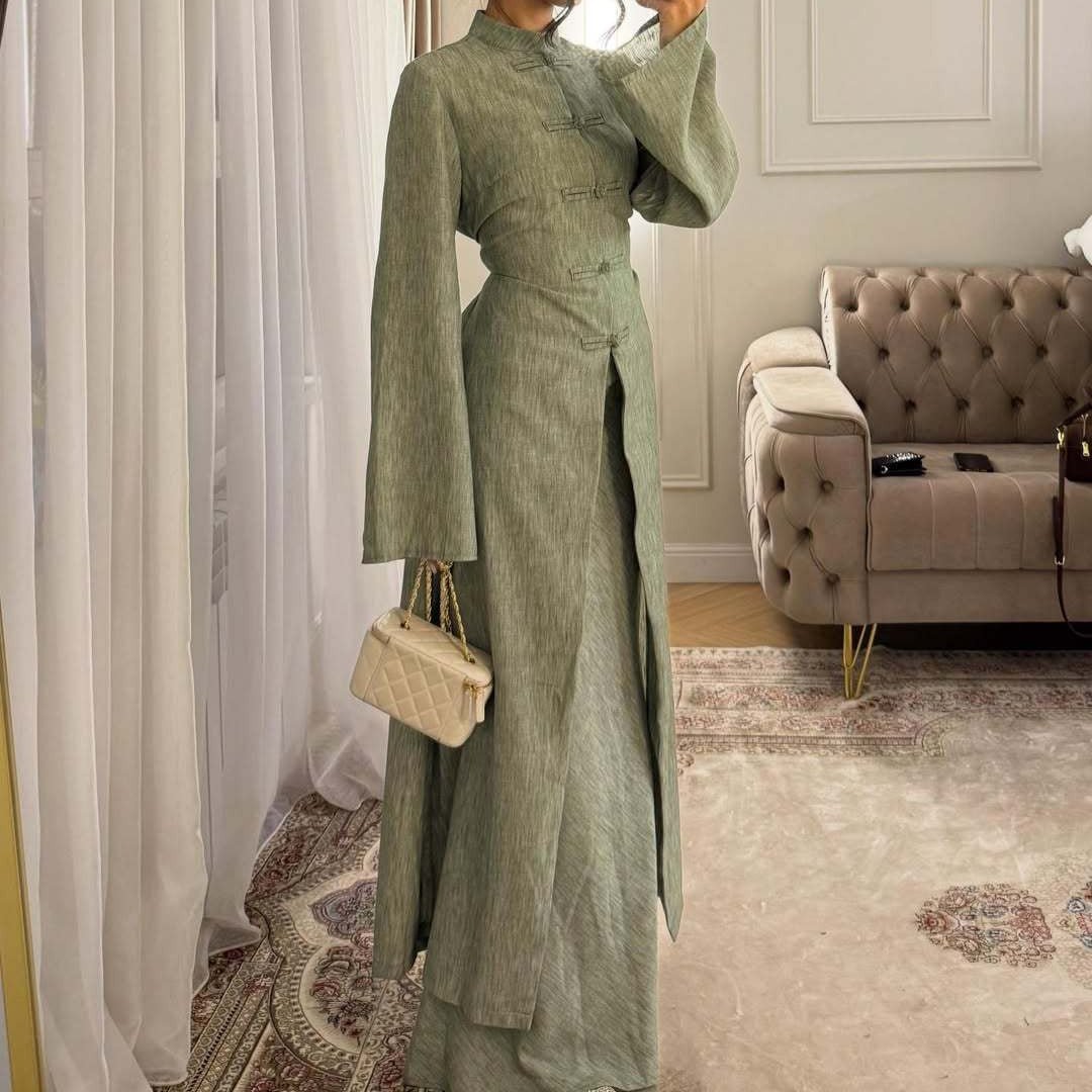 Chinese Frog Button Stand Collar Top & Wide-Leg Maxi Skirt Co-ord Set(MS483) - Mariam's Collection