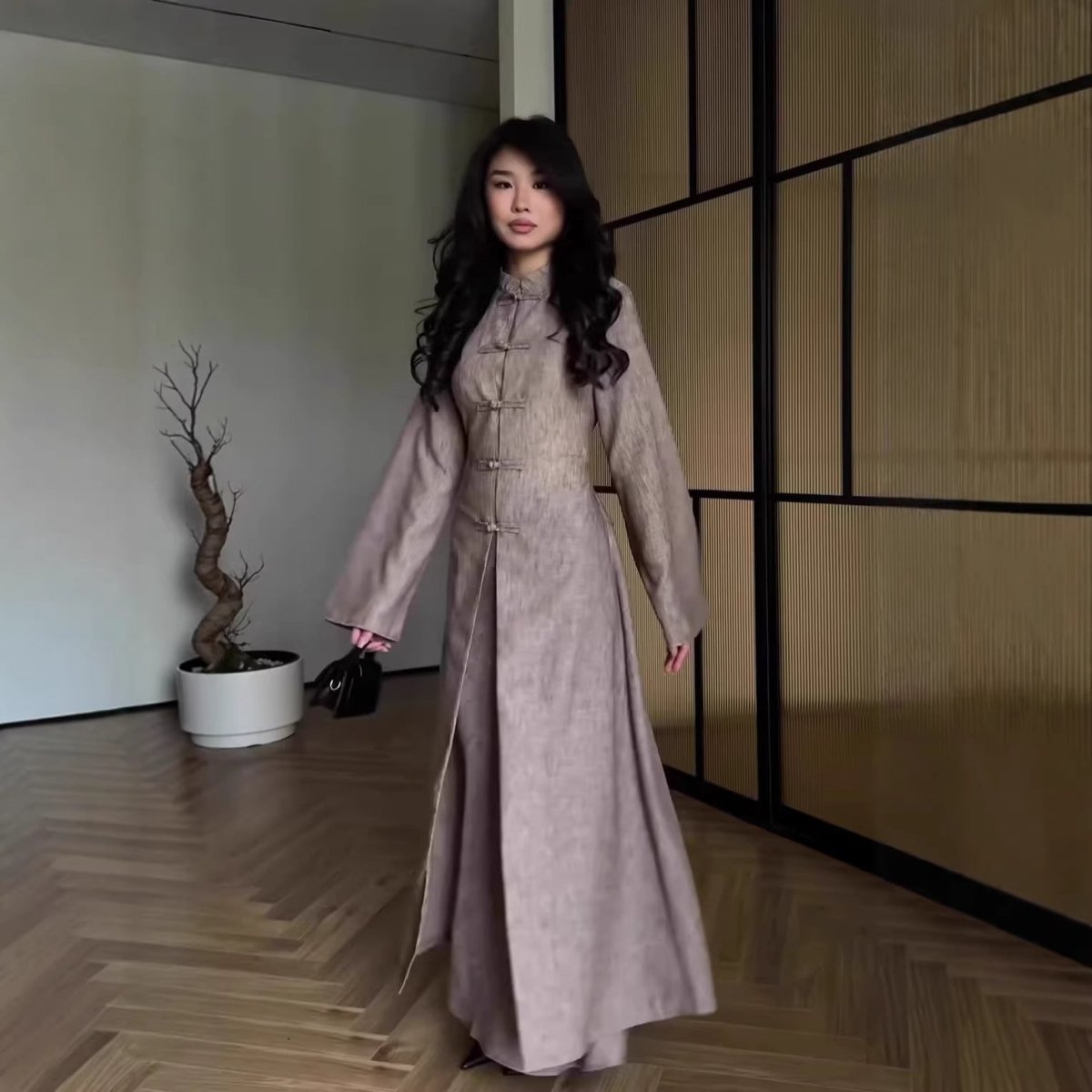 Chinese Frog Button Stand Collar Top & Wide-Leg Maxi Skirt Co-ord Set(MS483) - Mariam's Collection