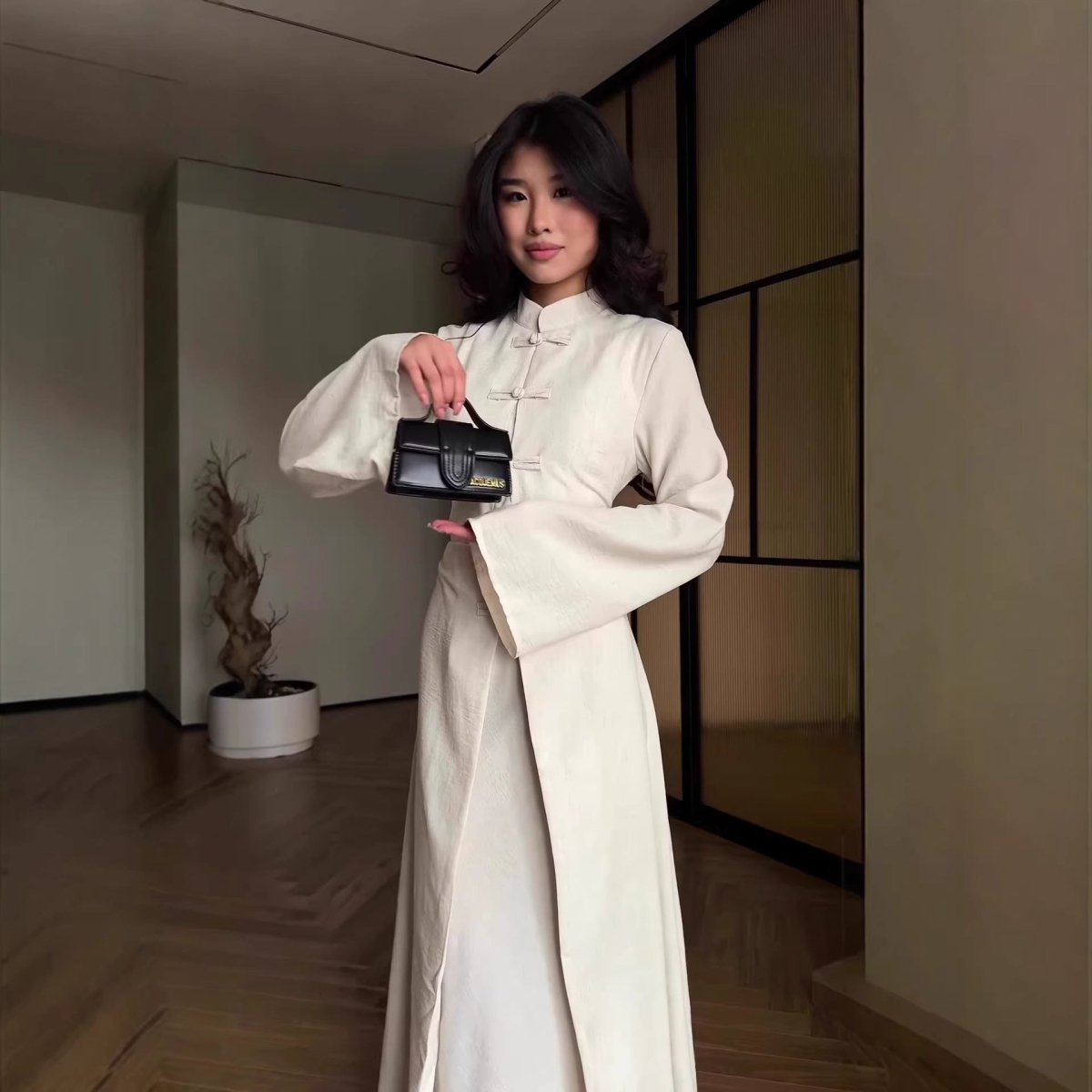 Chinese Frog Button Stand Collar Top & Wide-Leg Maxi Skirt Co-ord Set(MS483) - Mariam's Collection