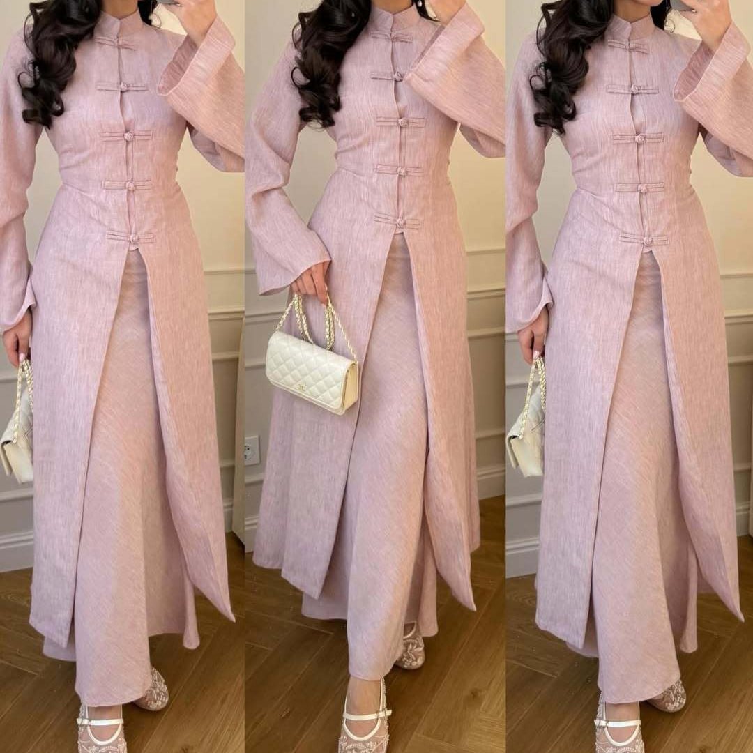 Chinese Frog Button Stand Collar Top & Wide-Leg Maxi Skirt Co-ord Set(MS483) - Mariam's Collection