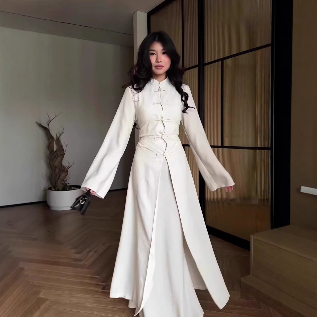 Chinese Frog Button Stand Collar Top & Wide-Leg Maxi Skirt Co-ord Set(MS483) - Mariam's Collection