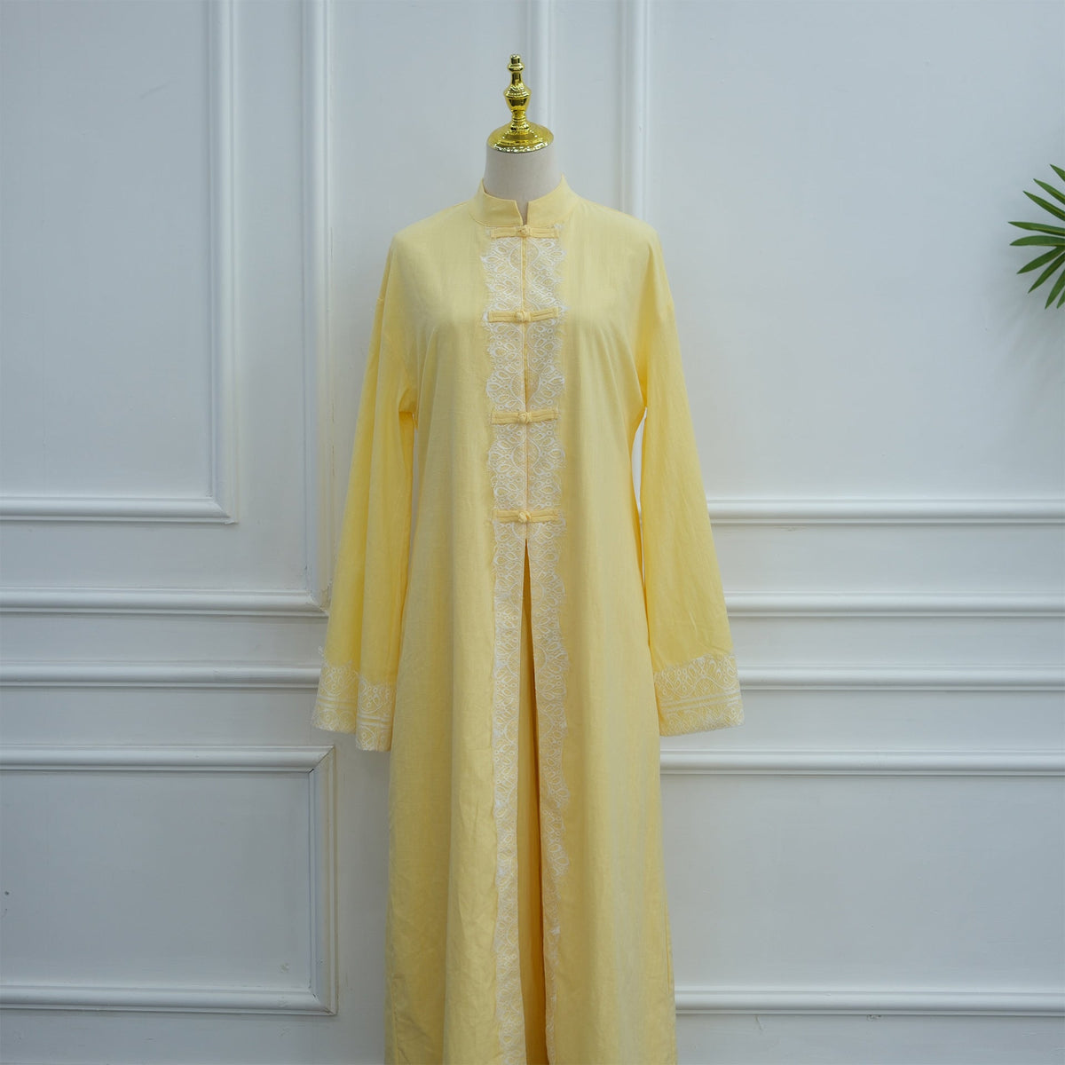 Chinese-Inspired Frog Button Lace Tunic & Wide-Leg Pants Set(MS572) - Mariam's Collection