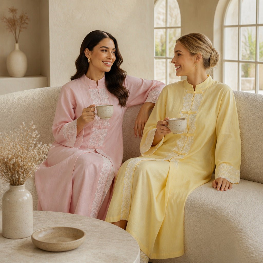 Chinese-Inspired Frog Button Lace Tunic & Wide-Leg Pants Set(MS572) - Mariam's Collection