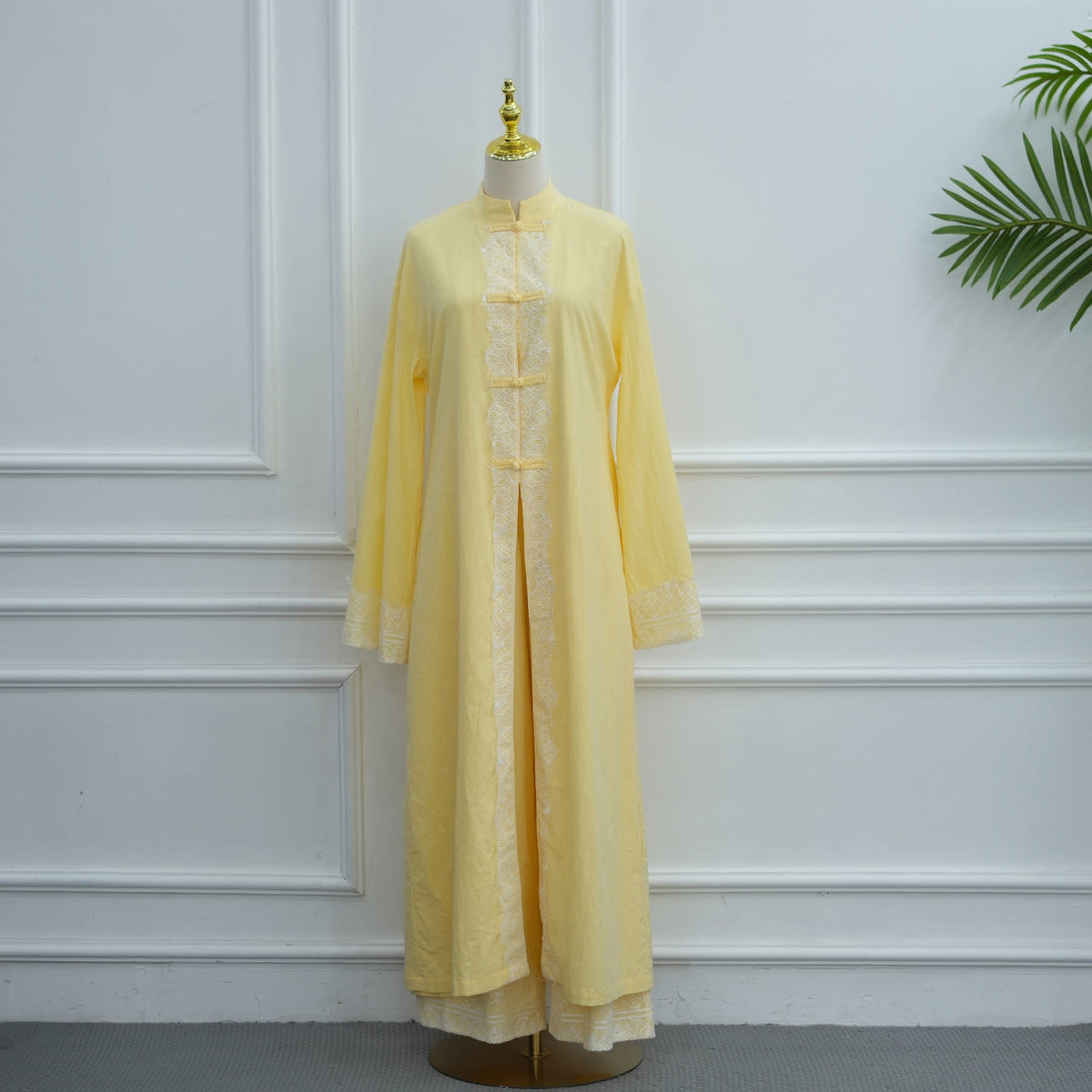 Chinese-Inspired Frog Button Lace Tunic & Wide-Leg Pants Set(MS572) - Mariam's Collection