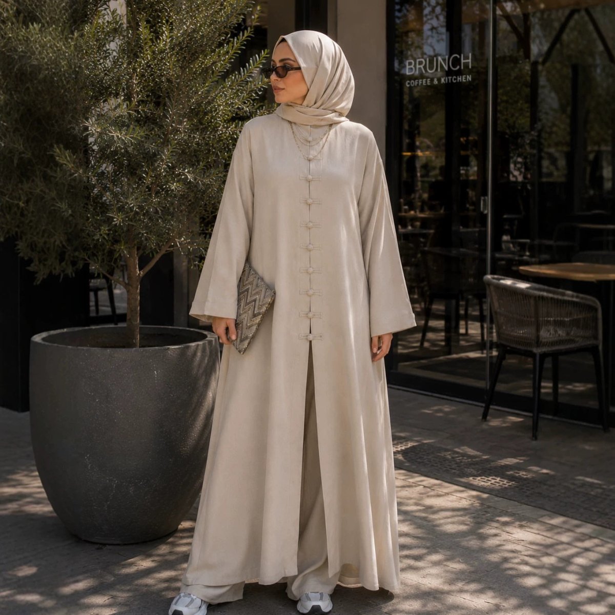 Chinese-Inspired Mandarin Collar Frog Button Long Robe & Wide-Leg Trousers Co-ord Set(MS496) - Mariam's Collection