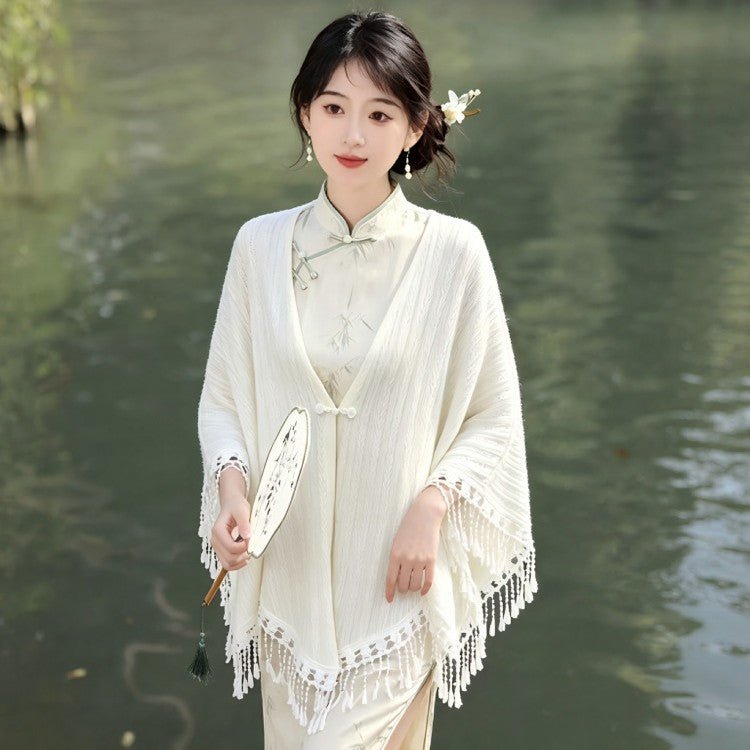Chinese-Inspired Tassel Cape Jacket | Elegant Textured Poncho Outerwear(MAC501) - Mariam's Collection