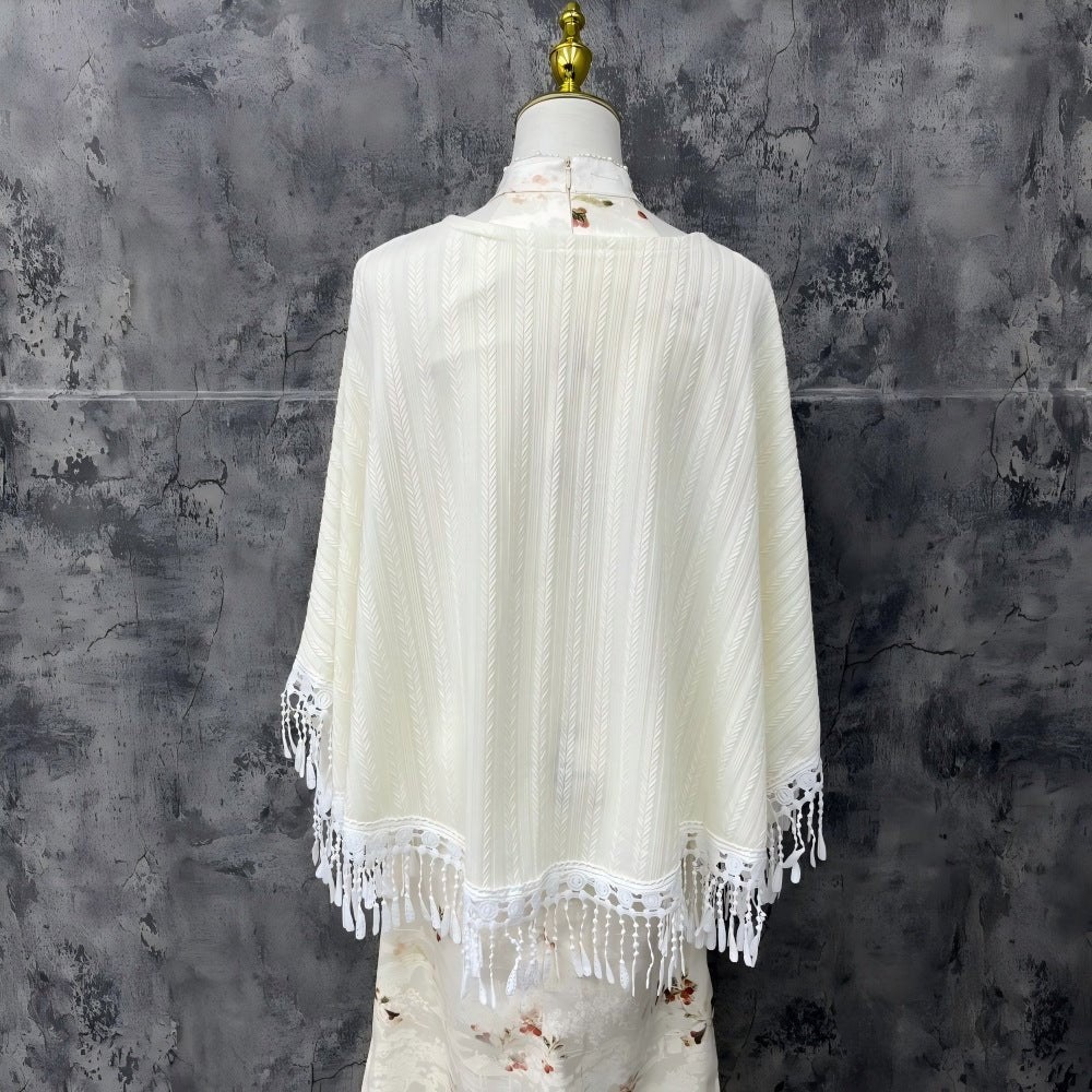 Chinese-Inspired Tassel Cape Jacket | Elegant Textured Poncho Outerwear(MAC501) - Mariam's Collection