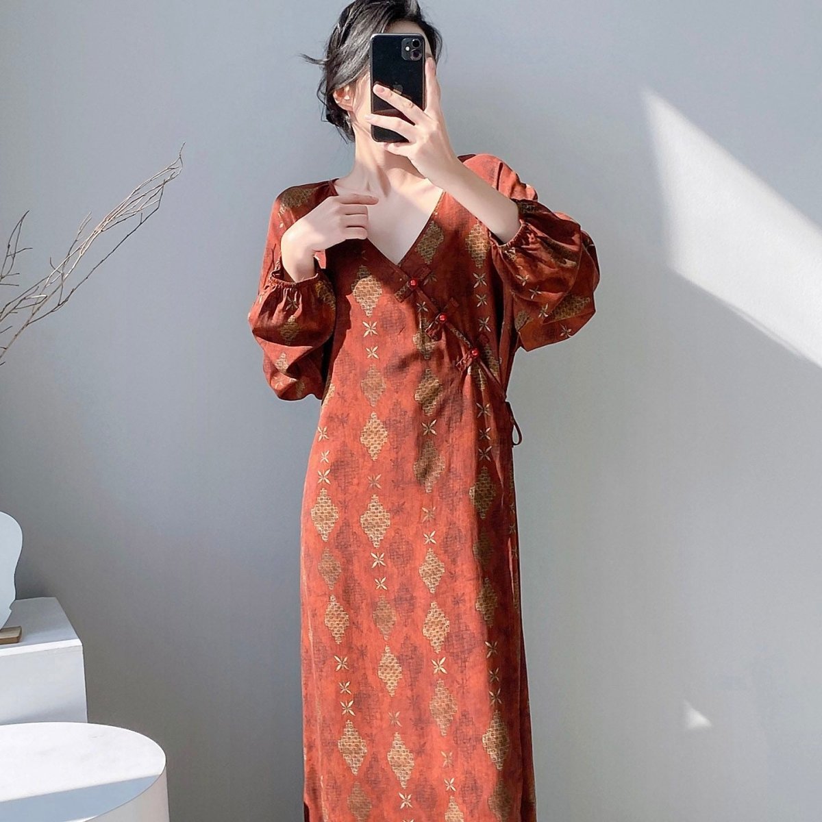 Chinese Style Jacquard & Print Maxi Wrap Dress(MS424) - Mariam's Collection