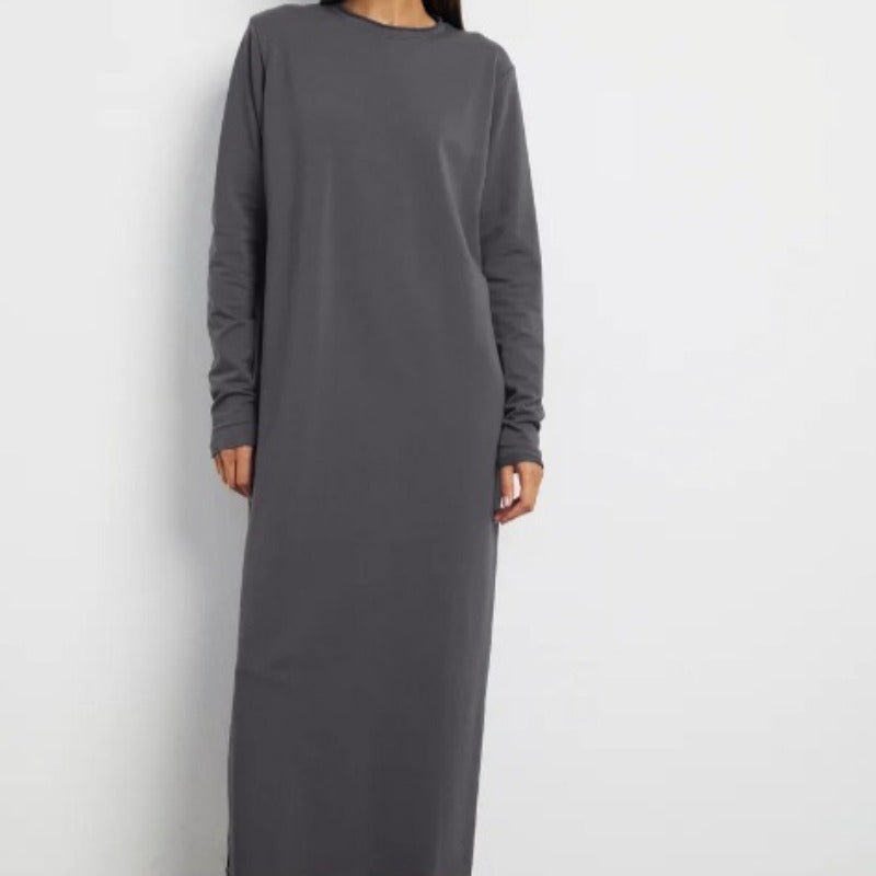 Classic Cotton Pullover Maxi Dress | Round Neck Long Sleeve Solid Color Dress(MA317) - Mariam's Collection