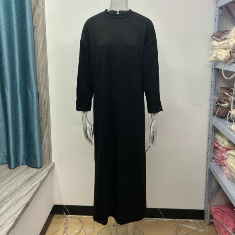 Classic Round Neck Pullover Maxi Dress | Minimalist Solid Color Fall Winter Dress(MA318) - Mariam's Collection