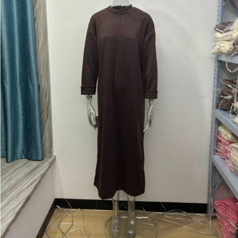 Classic Round Neck Pullover Maxi Dress | Minimalist Solid Color Fall Winter Dress(MA318) - Mariam's Collection