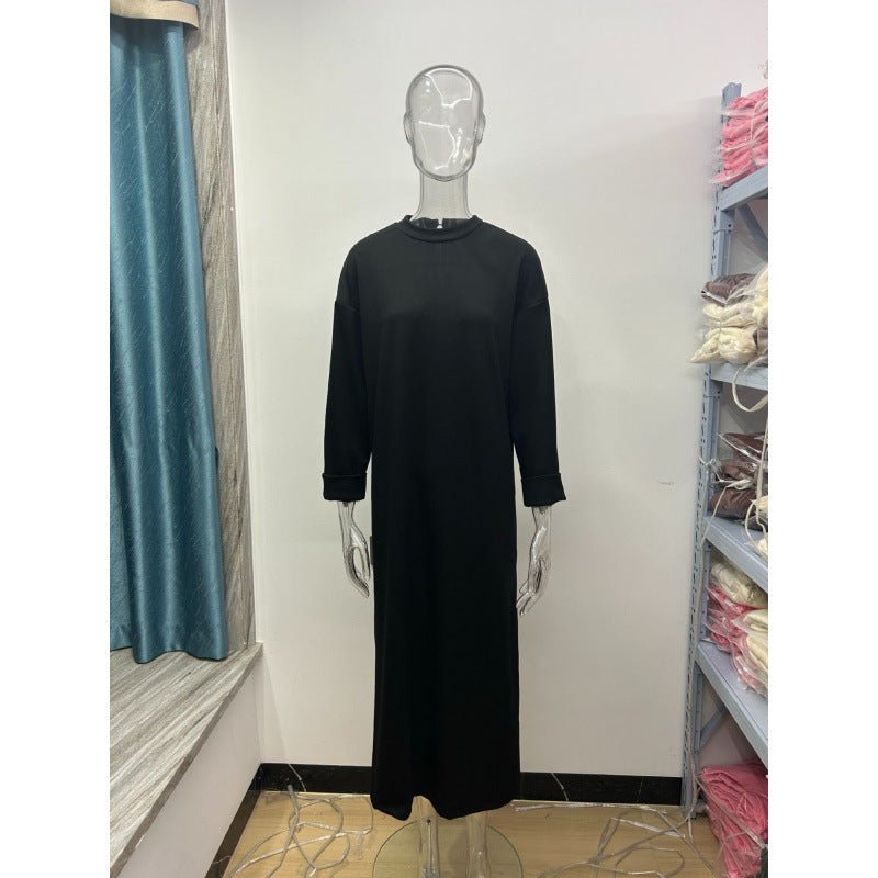 Classic Round Neck Pullover Maxi Dress | Minimalist Solid Color Fall Winter Dress(MA318) - Mariam's Collection