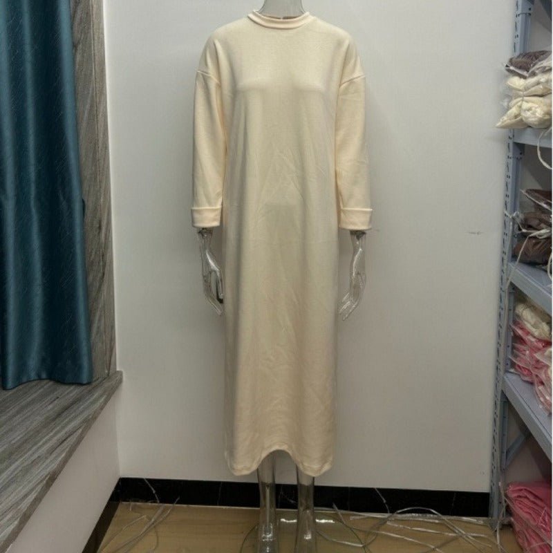 Classic Round Neck Pullover Maxi Dress | Minimalist Solid Color Fall Winter Dress(MA318) - Mariam's Collection