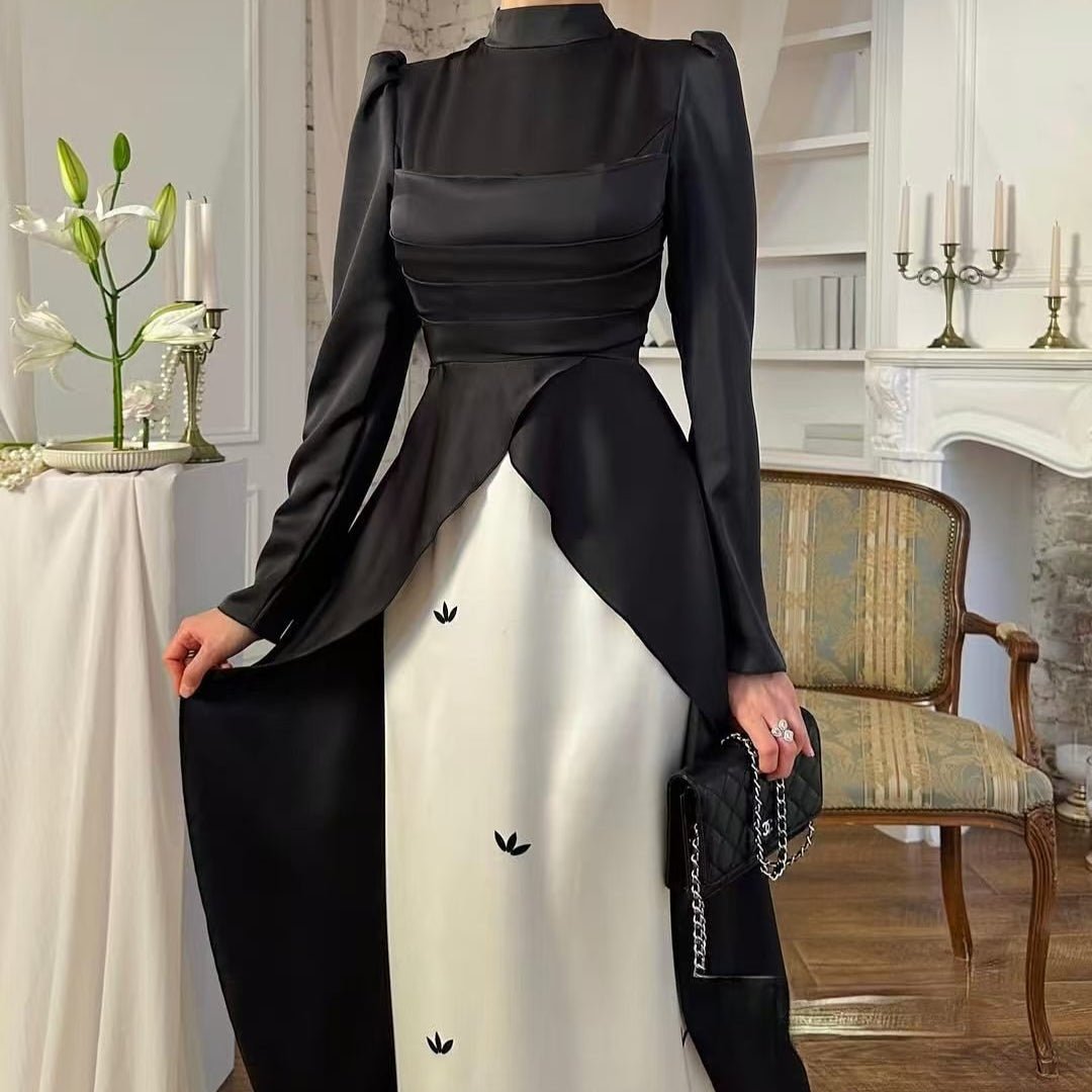 Colorblock Satin Evening Gown with Train(MA351) - Mariam's Collection