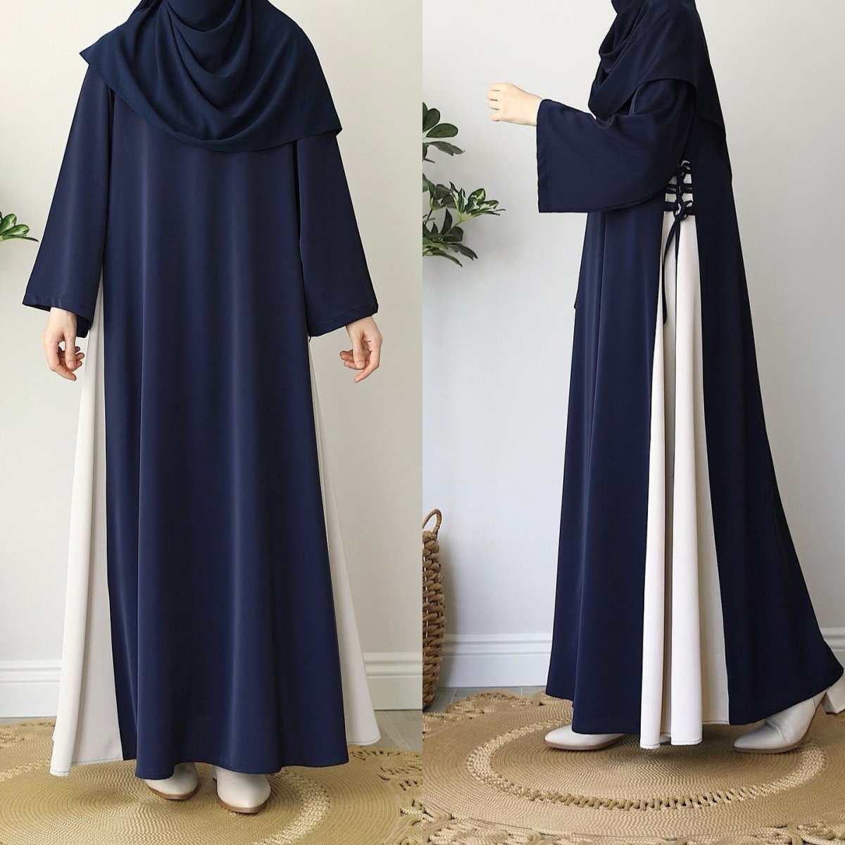 Colorblock Side-Tie Abaya | Two-Tone Round Neck Maxi Dress Abaya (MA362)