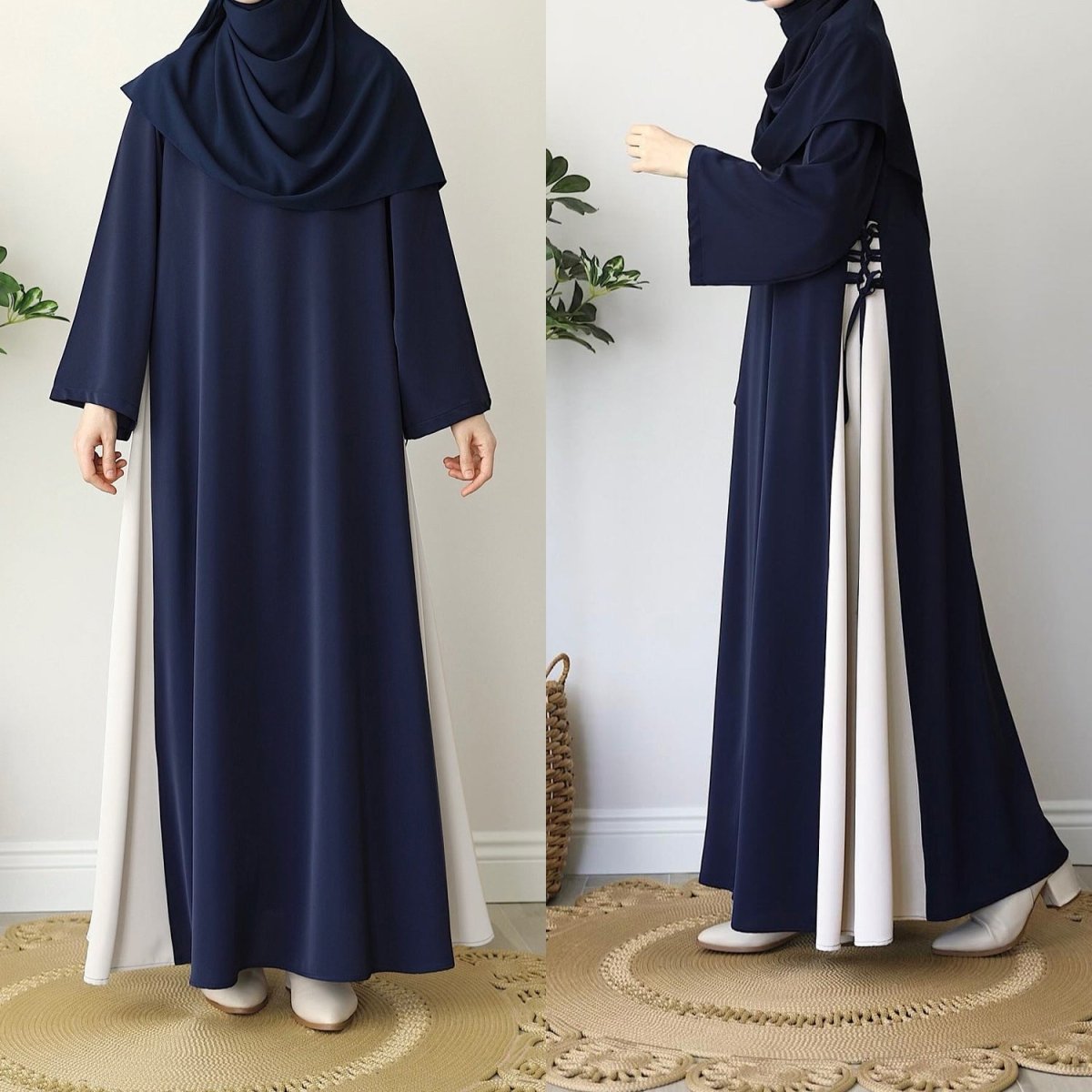 Colorblock Side - Tie Abaya | Two - Tone Round Neck Maxi Dress(MA362) - Mariam's Collection