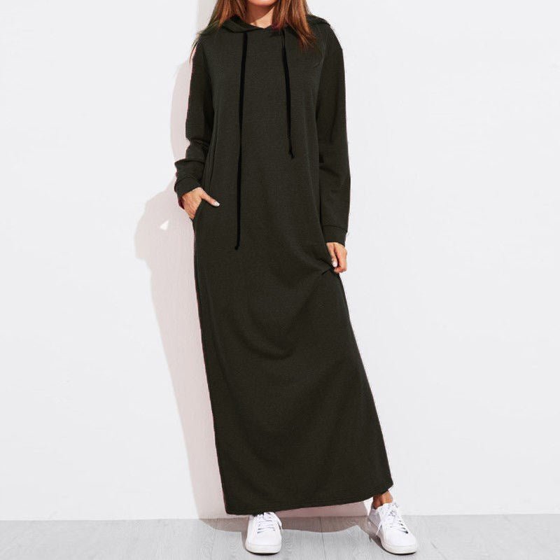 Comfortable Hooded Maxi Dress with Drawstring | Long Sleeve Polyvinyl Alcohol Fiber Dress with Pockets(MS119) - Mariam's Collection