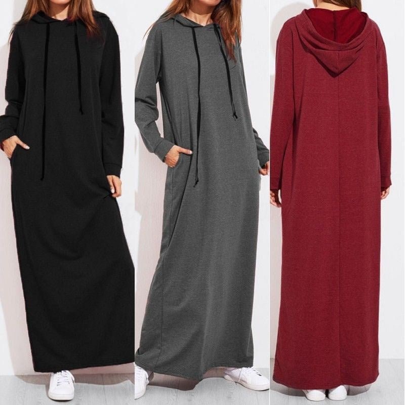 Comfortable Hooded Maxi Dress with Drawstring | Long Sleeve Polyvinyl Alcohol Fiber Dress with Pockets(MS119) - Mariam's Collection