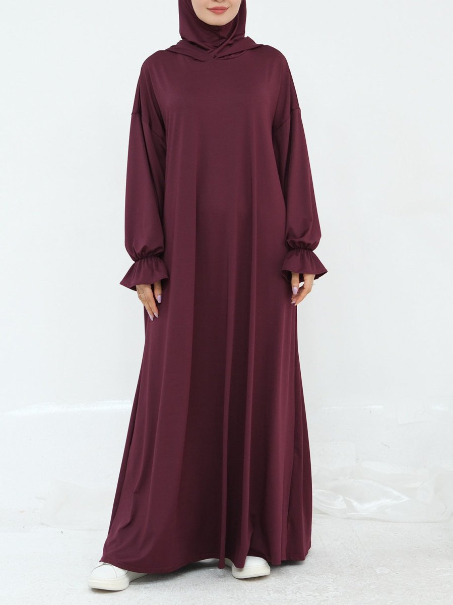 Comfortable Milk Silk Hooded Maxi Dress with Pockets | Elastic Cuff Long Sleeve Dress(MA321) - Mariam's Collection
