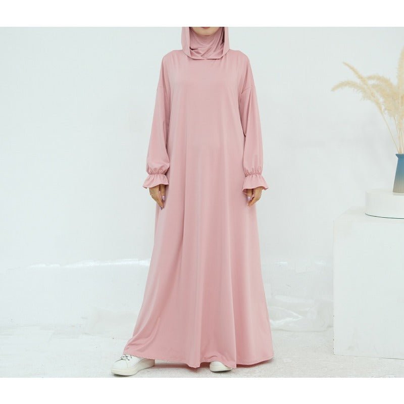 Comfortable Milk Silk Hooded Maxi Dress with Pockets | Elastic Cuff Long Sleeve Dress(MA321) - Mariam's Collection