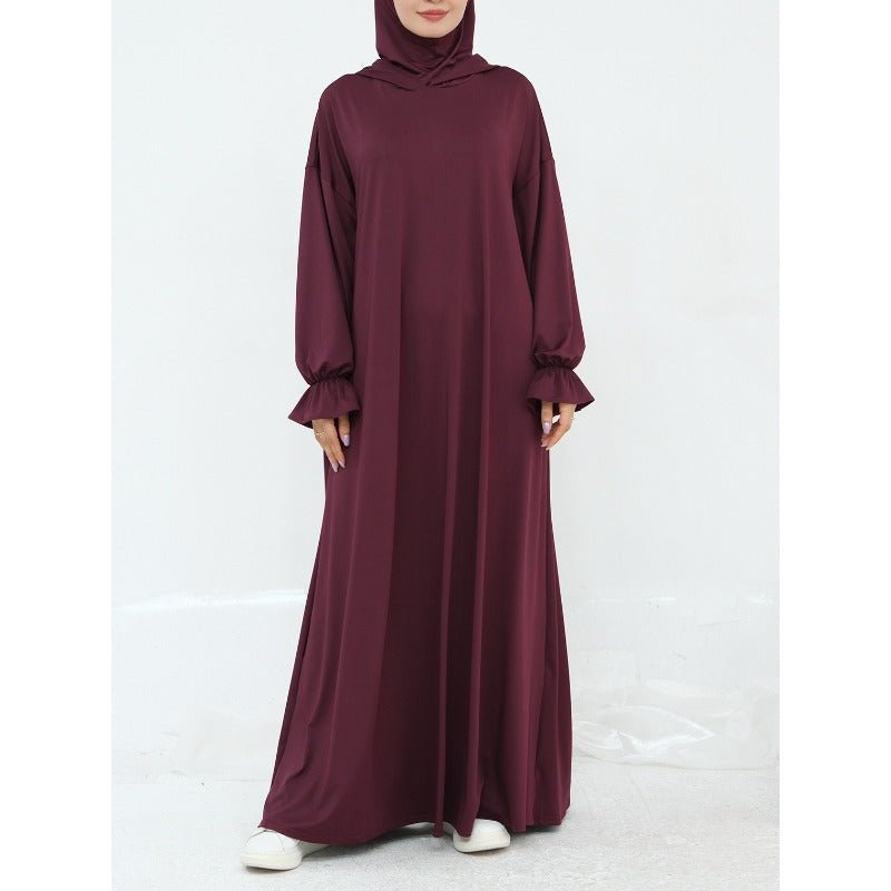 Comfortable Milk Silk Hooded Maxi Dress with Pockets | Elastic Cuff Long Sleeve Dress(MA321) - Mariam's Collection