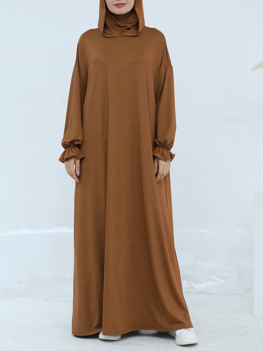 Comfortable Milk Silk Hooded Maxi Dress with Pockets | Elastic Cuff Long Sleeve Dress(MA321) - Mariam's Collection