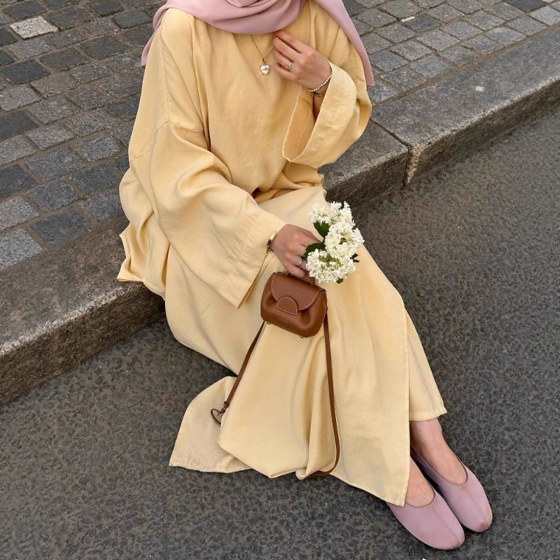 Comfortable Solid Yellow Color Abaya & Loose Pants Set | 2-Piece Casual Modest Abaya Outfit