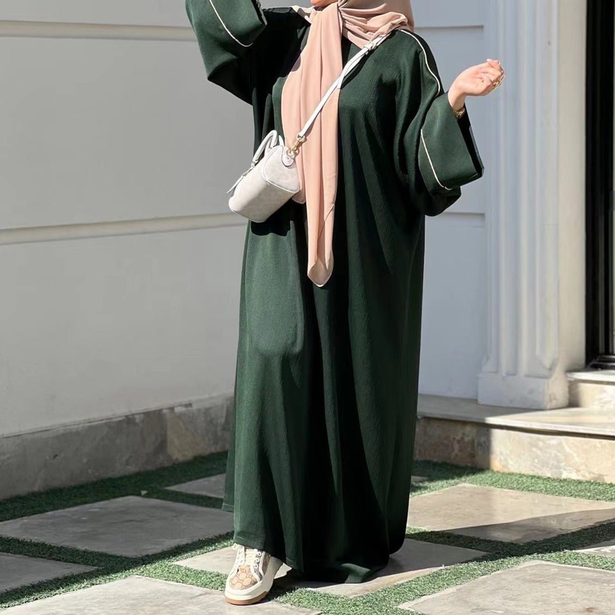 Contrast Colour Trimmed Robe - Modest Casual Dress with Flared Sleeves(MA280) - Mariam's Collection